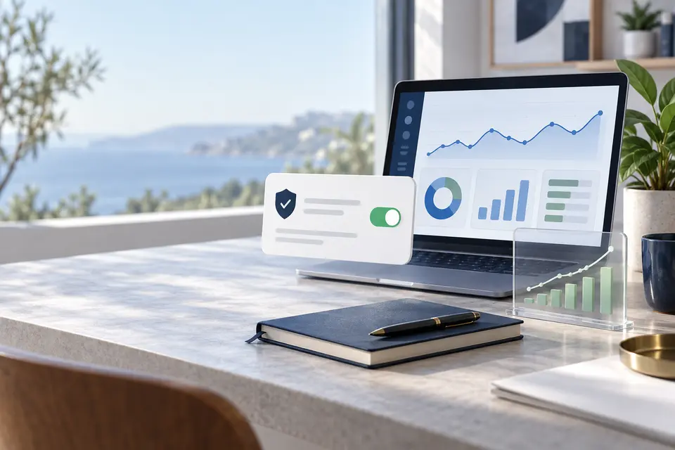 Laptop com painel abstrato de métricas e cartão de consentimento