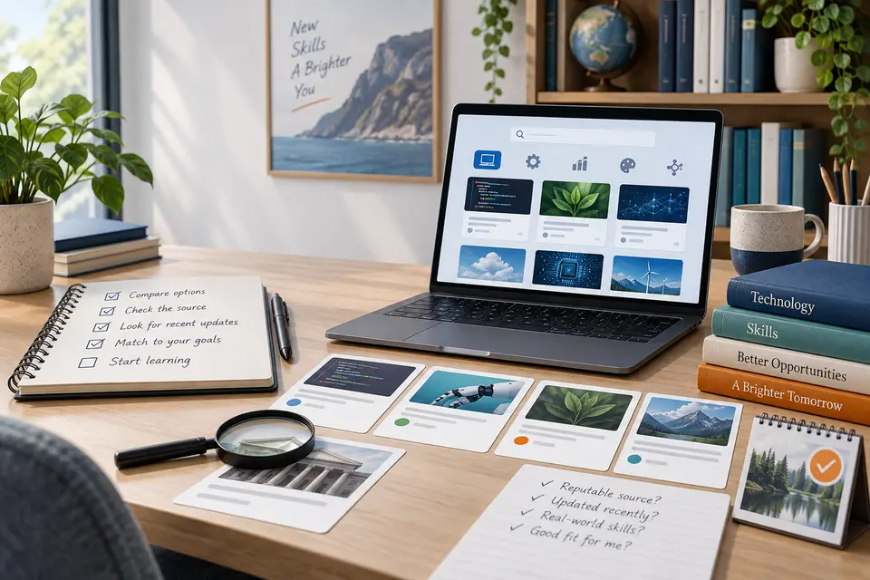 Mesa de estudo com laptop e cartões de oportunidades de aprendizagem